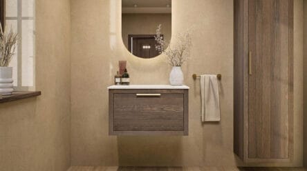 Hangend naturel eiken badkamermeubel 70 cm met één lade en witte solid surface waskom