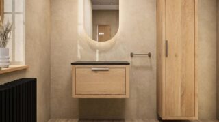 Hangend donker eiken wastafelmeubel 70 cm met enkele lade en solid surface blad met waskom