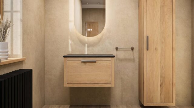 Hangend donker eiken wastafelmeubel 70 cm met enkele lade en solid surface blad met waskom