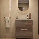 Modern naturel eiken badkamermeubel 70 cm met dubbele lade, vlak front en grijs limestone blad met witte waskom