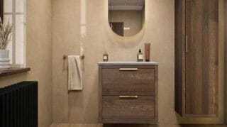 Modern naturel eiken badkamermeubel 70 cm met dubbele lade, vlak front en grijs limestone blad met witte waskom
