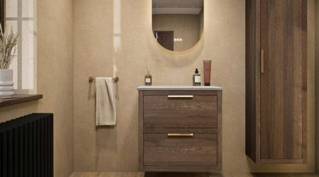 Modern naturel eiken badkamermeubel 70 cm met dubbele lade, vlak front en grijs limestone blad met witte waskom