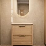 Hangend donker eiken badkamermeubel 70 cm met twee lades en grijs limestone blad