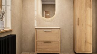 Hangend donker eiken badkamermeubel 70 cm met twee lades en grijs limestone blad