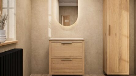 Hangend donker eiken badkamermeubel 70 cm met twee lades en grijs limestone blad