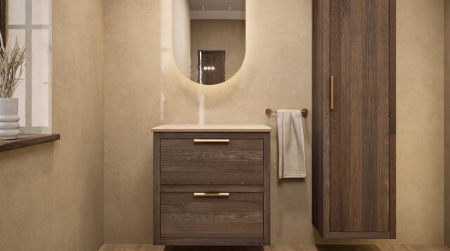 Hangend naturel eiken badkamermeubel 70 cm met dubbele lade en limestone blad met witte waskom