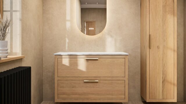 Hangend donker eiken badkamermeubel 70 cm met dubbele lade en limestone blad met witte waskom