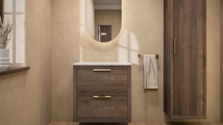 Hangend massief eiken wastafelmeubel 70 cm met twee lades en Bianco Carrara marmer met keramische waskom