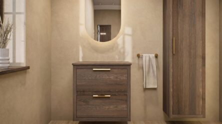 Modern naturel eiken badkamermeubel 70 cm met dubbele lade, vlak front en massief eiken blad met witte waskom