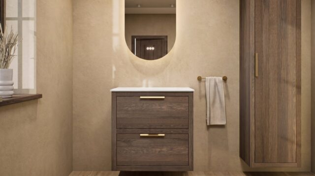 Hangend naturel eiken wastafelmeubel 70 cm met twee lades, vlak front en solid surface waskom