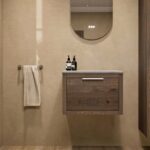 Modern naturel eiken badkamermeubel 60 cm met enkele lade, vlak front en grijs limestone blad met witte waskom