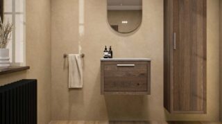 Modern naturel eiken badkamermeubel 60 cm met enkele lade, vlak front en grijs limestone blad met witte waskom