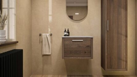 Modern naturel eiken badkamermeubel 60 cm met enkele lade, vlak front en grijs limestone blad met witte waskom