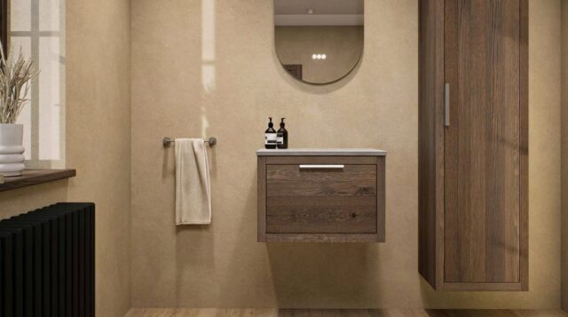 Modern naturel eiken badkamermeubel 60 cm met enkele lade, vlak front en grijs limestone blad met witte waskom
