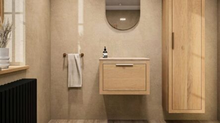 Hangend donker eiken badkamermeubel 60 cm met één lade en grijs limestone blad