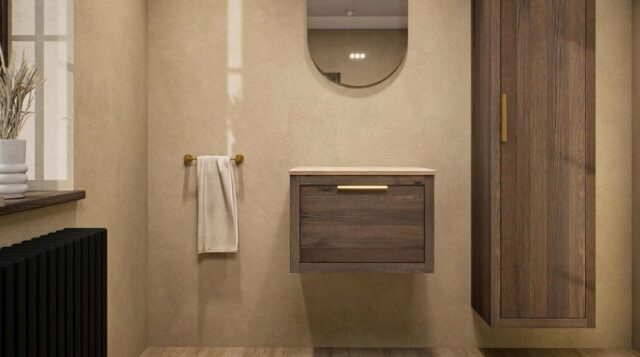 Hangend naturel eiken badkamermeubel 60 cm met één lade en beige limestone wastafel