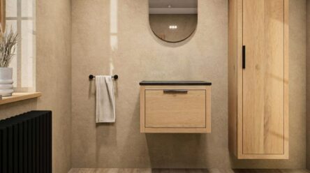 Hangend donker eiken wastafelmeubel 60 cm met enkele lade en solid surface blad met waskom