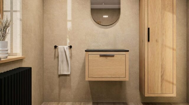 Hangend donker eiken wastafelmeubel 60 cm met enkele lade en solid surface blad met waskom