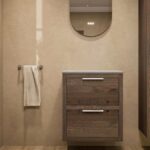 Modern naturel eiken badkamermeubel 60 cm met dubbele lade, vlak front en grijs limestone blad met witte waskom