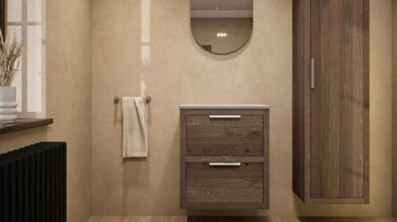 Modern naturel eiken badkamermeubel 60 cm met dubbele lade, vlak front en grijs limestone blad met witte waskom