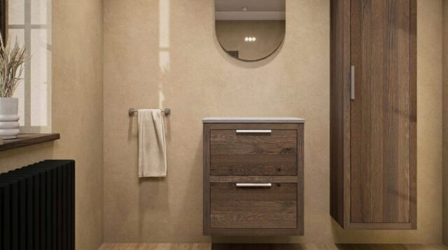 Modern naturel eiken badkamermeubel 60 cm met dubbele lade, vlak front en grijs limestone blad met witte waskom