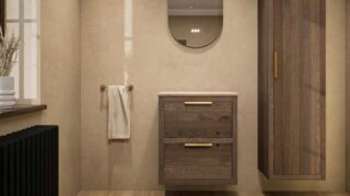 Hangend naturel eiken badkamermeubel 60 cm met dubbele lade en limestone blad met witte waskom