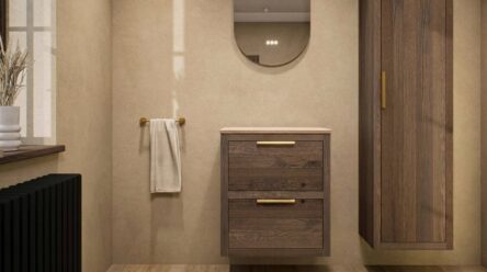 Hangend naturel eiken badkamermeubel 60 cm met dubbele lade en limestone blad met witte waskom