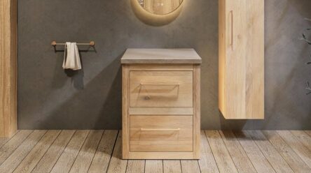 Landelijk massief eiken badkamermeubel 65 cm met beton beige wastafelblad en bijpassende waskom