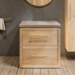 Landelijk massief eiken badkamermeubel 80 cm met beton beige wastafelblad en bijpassende waskom