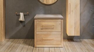 Landelijk massief eiken badkamermeubel 80 cm met beton beige wastafelblad en bijpassende waskom