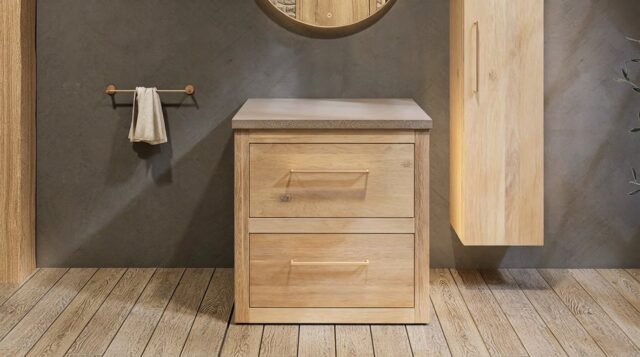 Landelijk massief eiken badkamermeubel 80 cm met beton beige wastafelblad en bijpassende waskom