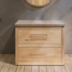 Landelijk massief eiken badkamermeubel 100 cm met beton beige wastafelblad en geïntegreerde waskom