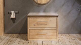 Landelijk massief eiken badkamermeubel 100 cm met beton beige wastafelblad en geïntegreerde waskom