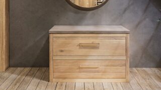 Ruim landelijk eiken badkamermeubel 130 cm met beton beige wastafelblad en één bijpassende waskom