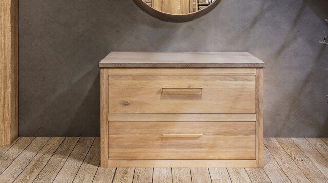 Ruim landelijk eiken badkamermeubel 130 cm met beton beige wastafelblad en één bijpassende waskom