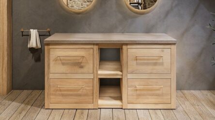 Landelijk massief eiken badkamermeubel 160 cm met schappenpakket, beton beige wastafelblad en 2 waskommen