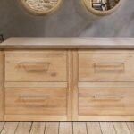 Massief eiken badkamermeubel 160 cm met beton beige wastafelblad en dubbele bijpassende waskommen