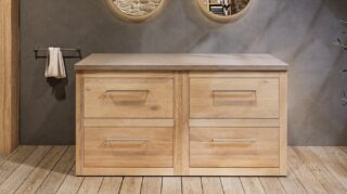 Massief eiken badkamermeubel 160 cm met beton beige wastafelblad en dubbele bijpassende waskommen