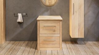 Landelijk massief eiken badkamermeubel 65 cm met eiken wastafelblad en ronde keramische waskom