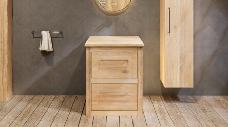 Landelijk massief eiken badkamermeubel 65 cm met eiken wastafelblad en ronde keramische waskom