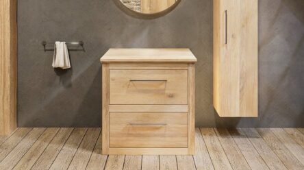Landelijk eiken badkamermeubel 80 cm met massief eiken wastafelblad en ronde witte keramische waskom