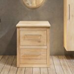 Massief eiken badkamermeubel 65 cm met vlak front, eiken wastafelblad en ronde matwitte solid surface waskom