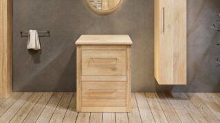 Massief eiken badkamermeubel 65 cm met vlak front, eiken wastafelblad en ronde matwitte solid surface waskom