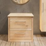 Eiken wastafelmeubel 80 cm met vlak front, eiken wastafelblad en ronde mat witte solid surface waskom