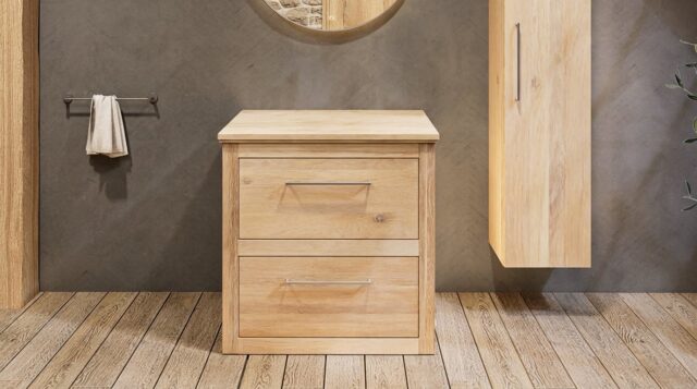 Eiken wastafelmeubel 80 cm met vlak front, eiken wastafelblad en ronde mat witte solid surface waskom