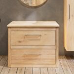 Massief eiken badmeubel 100 cm met vlak front, twee lades, eiken wastafelblad en witte solid surface waskom