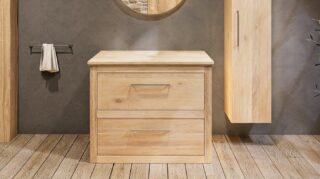 Massief eiken badmeubel 100 cm met vlak front, twee lades, eiken wastafelblad en witte solid surface waskom