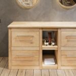 Massief eiken badkamermeubel 160 cm met schappenpakket, eiken blad en twee witte solid surface waskommen