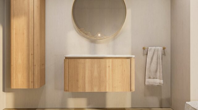 Rond hangend naturel eiken badkamermeubel 100 cm met afgeronde hoeken en mat beige blad met witte waskom