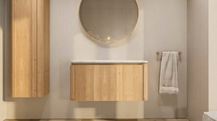 Rond hangend naturel eiken badkamermeubel 100 cm met afgeronde hoeken en wit marmer blad met witte waskom
